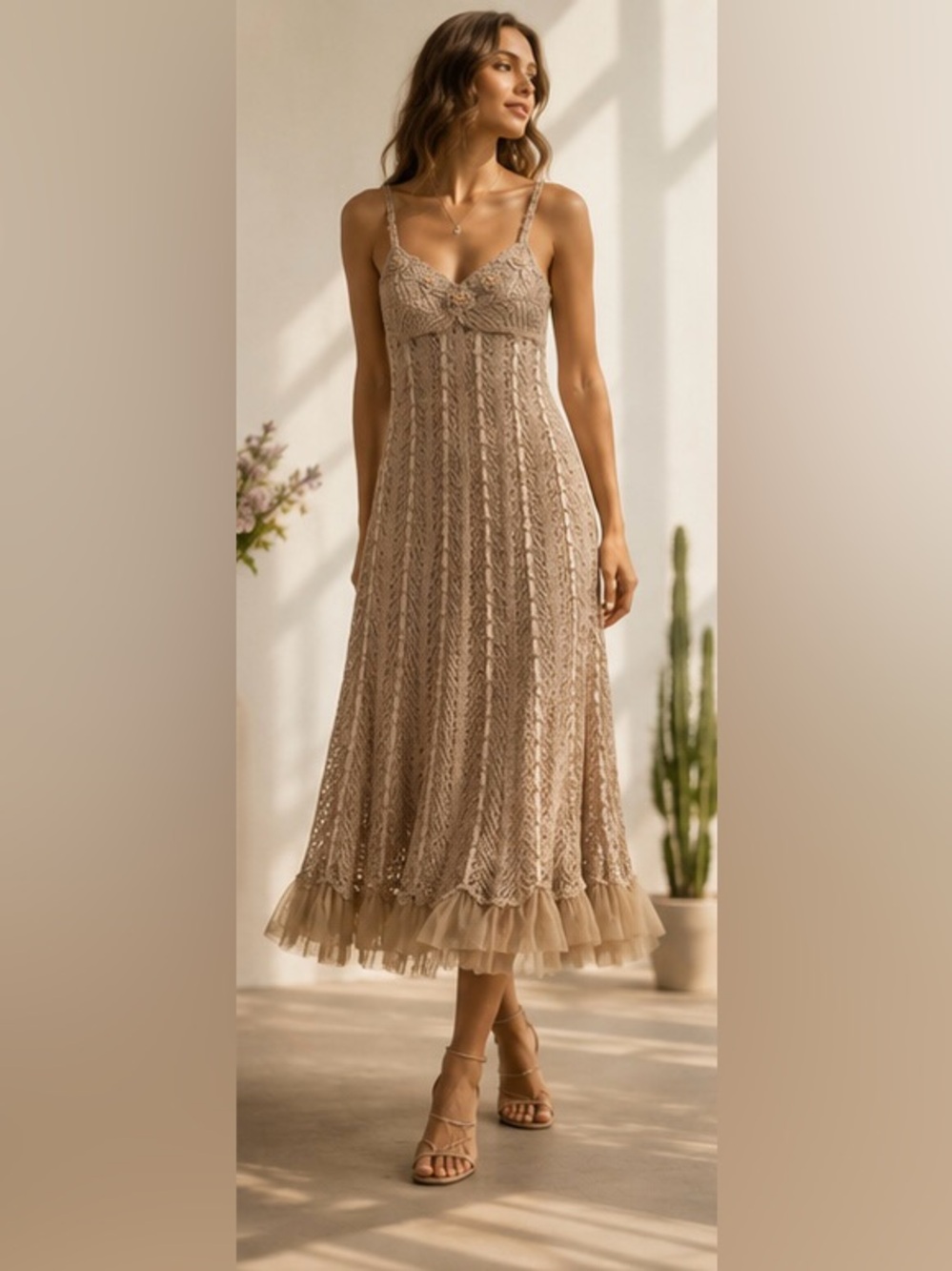 Rare Vintage Cache Crochet Floral Appliqué Beaded Fairycore Midi Dress S - Picture 2 of 14